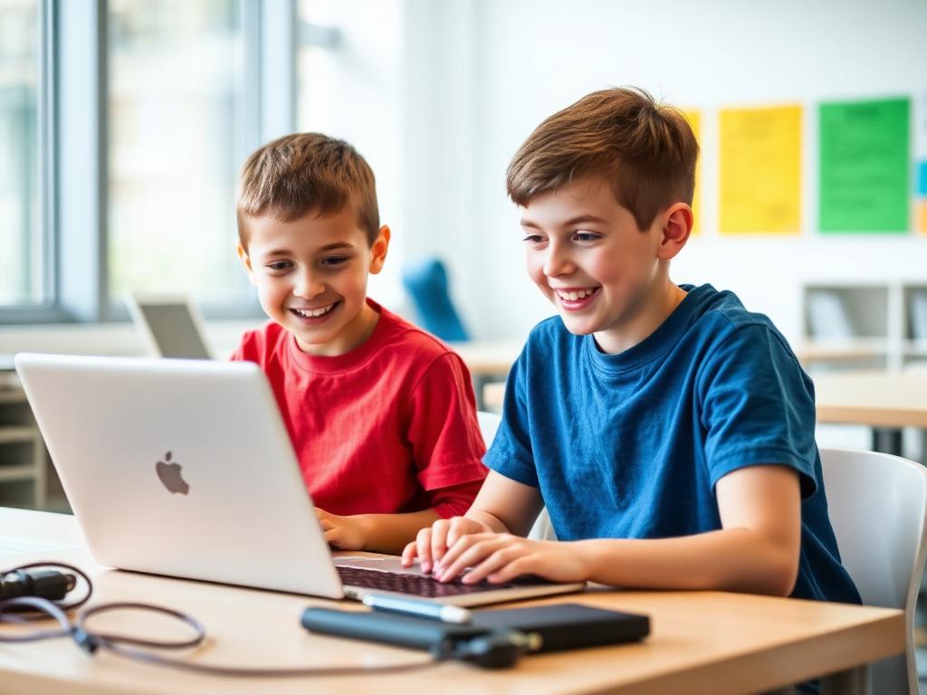 Two students smiling while coding on a laptop